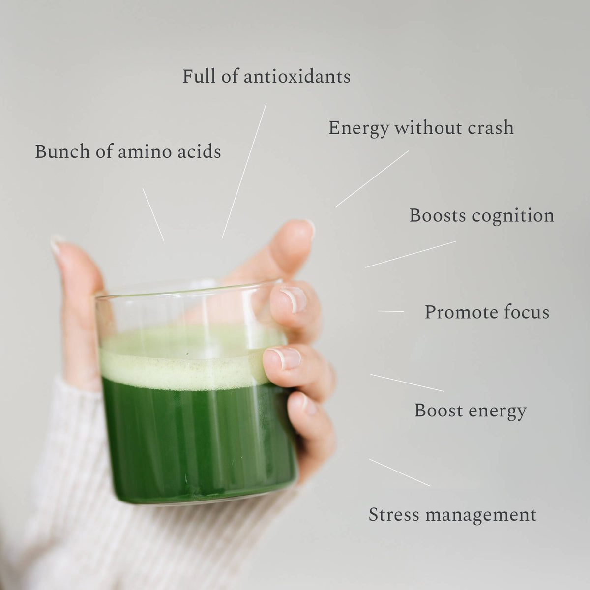 matcha thee in een hand met tekstuele voordelen in beeld