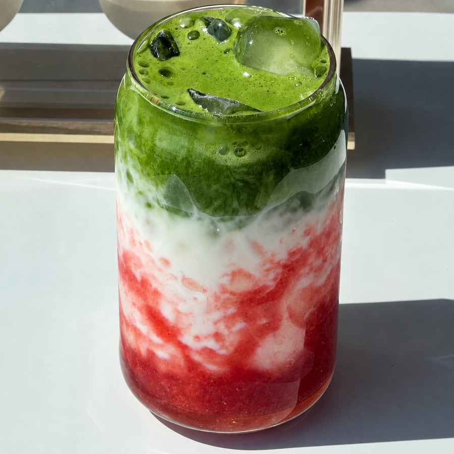 Strawberry Matcha Latte in einem hohen Glas mit einer Schicht Erdbeermus unten, Milch und einer grünen Matchaschicht obendrauf