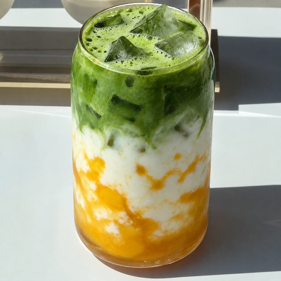 Mango Matcha Latte in einem hohen Glas mit einer orangen Schicht Mangopüree unten und einer grünen Matchaschicht obendrauf