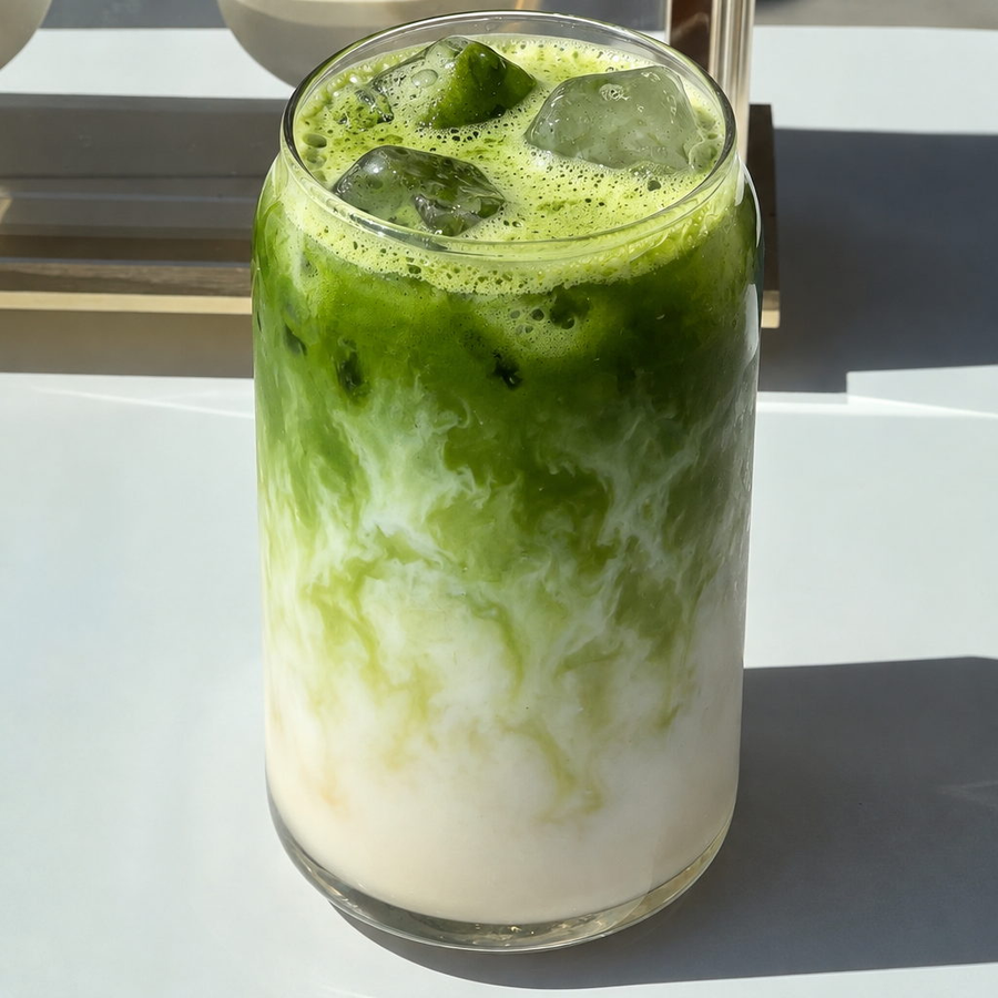 Vanilla Iced Matcha Latte in einem hohen Glas mit Eiswürfeln, Milch und einer grünen Matchaschicht obendrauf